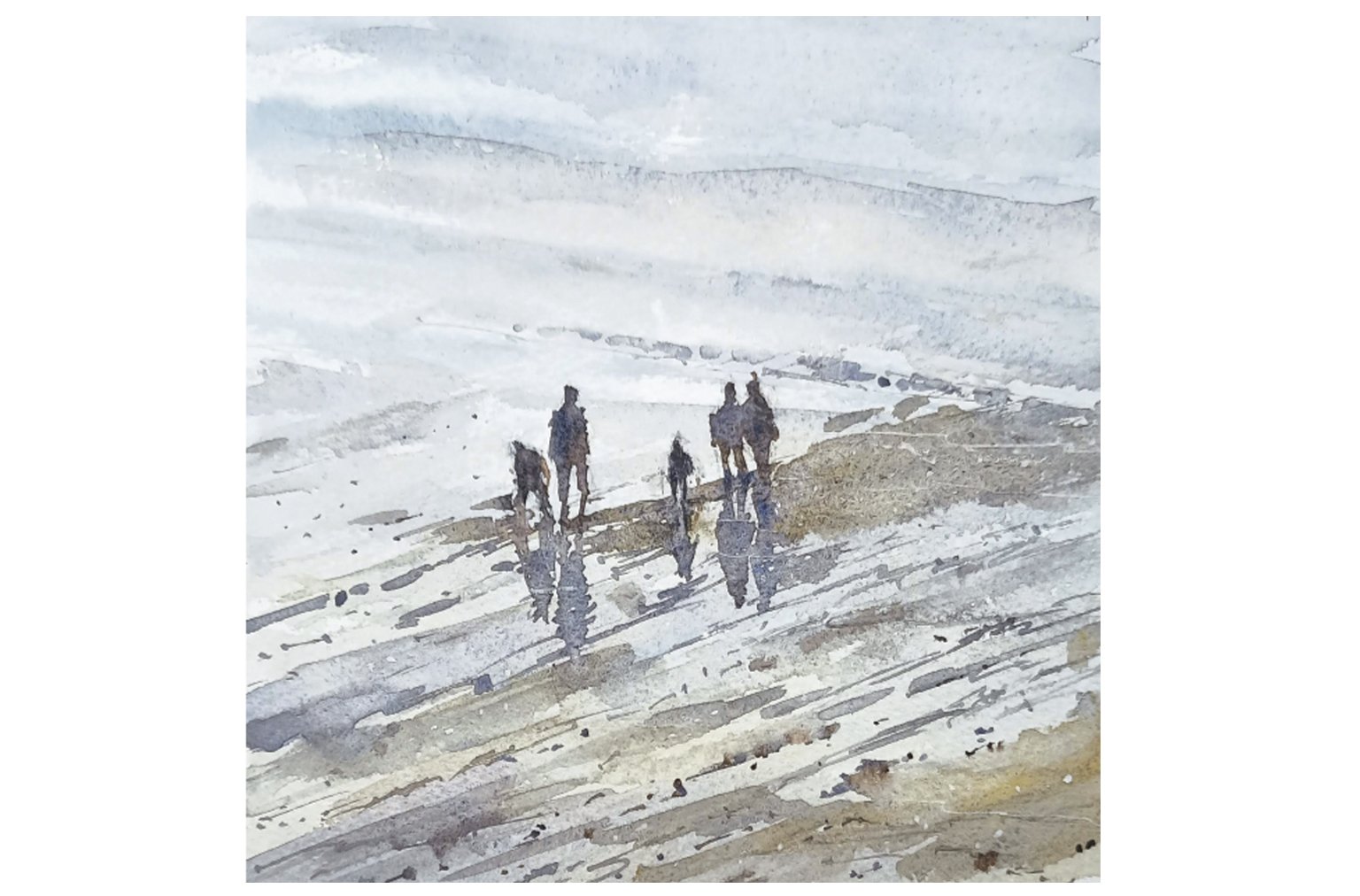 Criccieth Beach Figures watercolour painting by Steve Fairhurst
