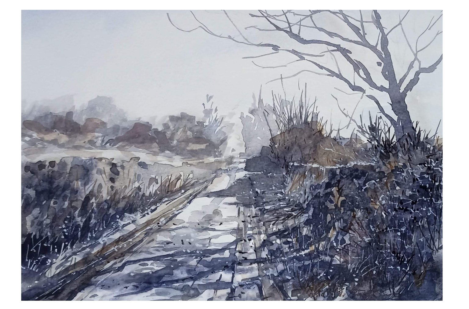 Frosty Wartbarrow Lane watercolour painting by Steve Fairhurst